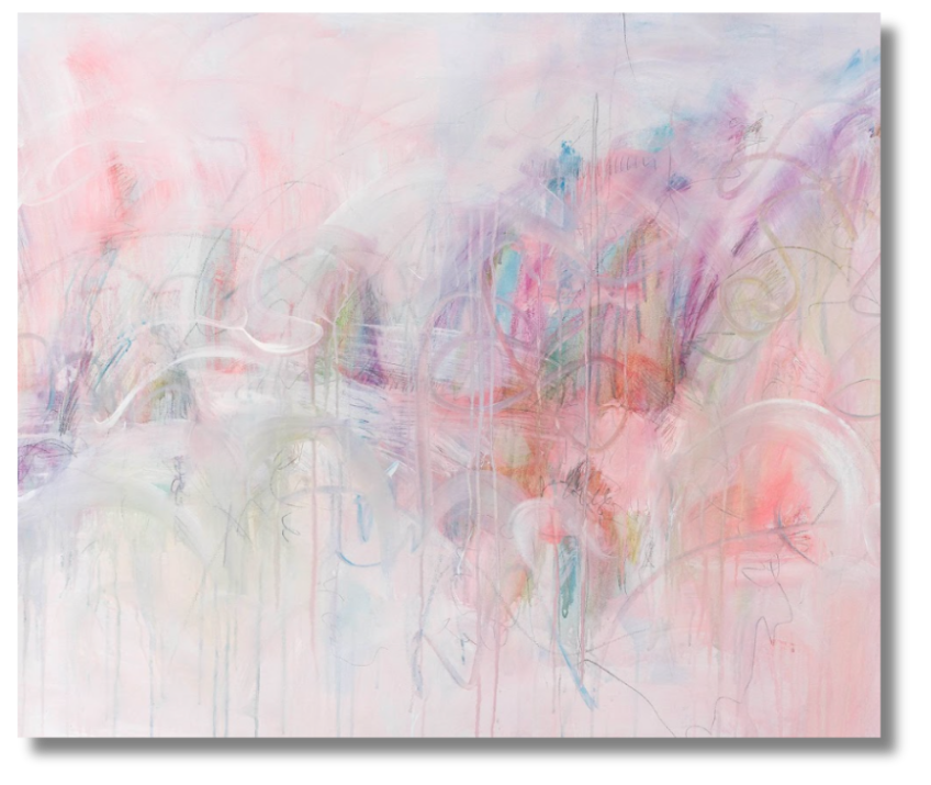Pastel contemporary abstraction with Pale pinks, creams, and hints of blue blend into a delicate surface layered with loose lines and subtle drips.