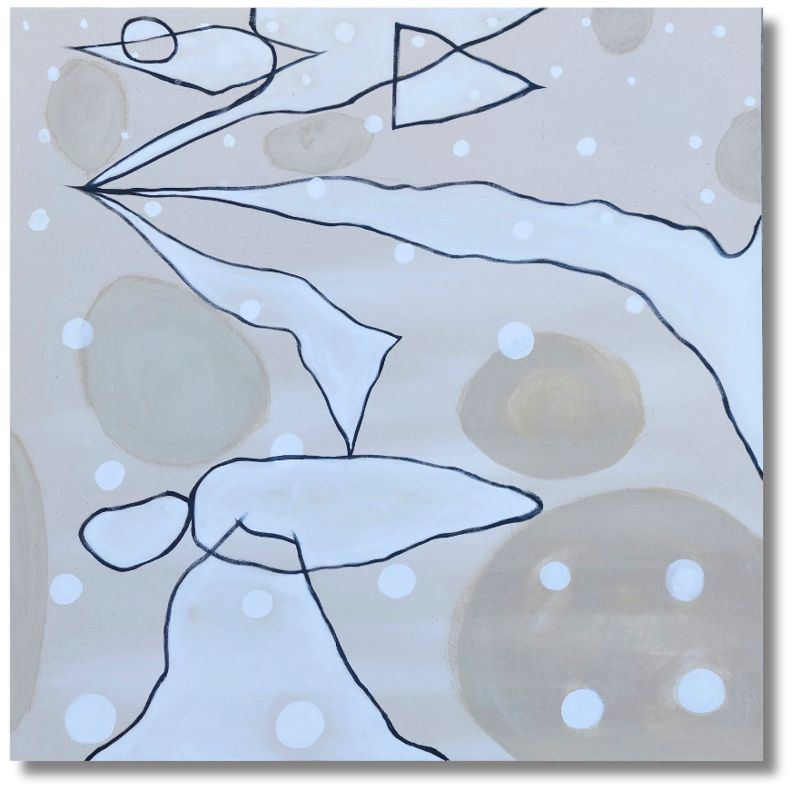 Flowing black contour lines form abstract human figures against soft beige shapes and dotted accents. Graphic modern piece from the chromatic signals art collection emphasizing movement, simplicity, and organic line work.