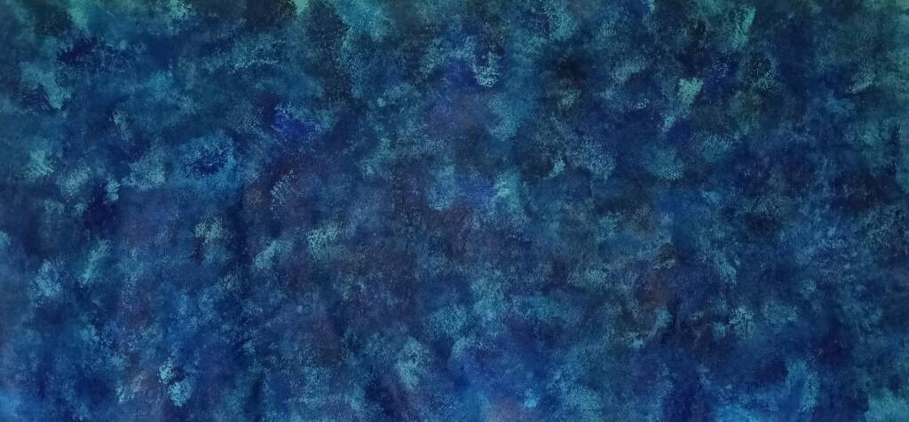 Layers of deep navy and teal pigments create a dense, atmospheric field filled with subtle tonal variations. The immersive surface highlights the contemplative spatial quality of Reginald Gee contemporary abstraction.