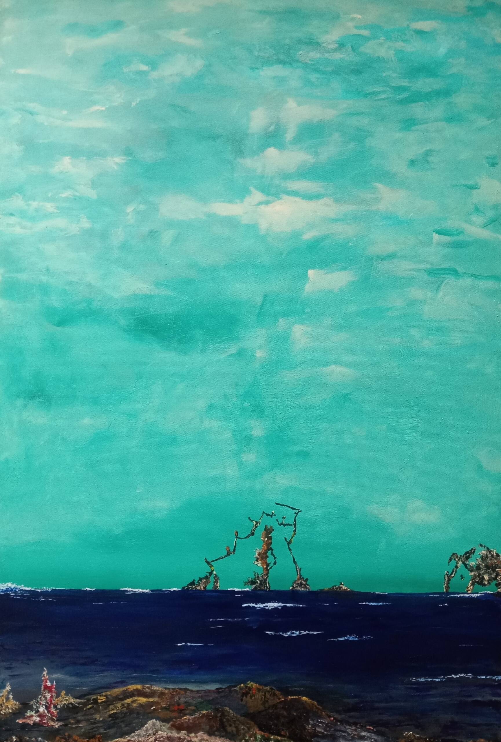 A luminous field of turquoise and pale aqua washes creates a calm, atmospheric surface with subtle painterly movement