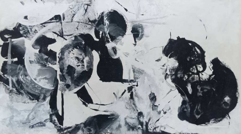Bold black brushstrokes collide with sweeping white forms in a dramatic monochrome composition. The contrast and raw painterly marks emphasize the gestural intensity central to Reginald Gee contemporary abstraction.