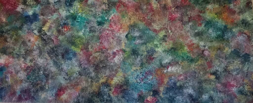 Clusters of emerald, crimson, ochre, and pale gray pigments form a mottled tapestry of color and movement.