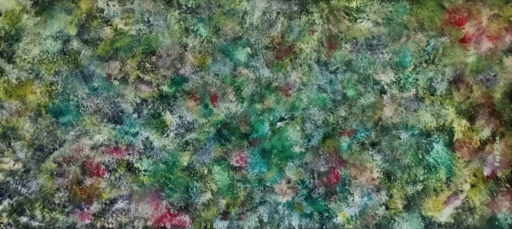 Green, moss, and pale neutral pigments blend into a dense abstract landscape of soft textures and scattered color. The organic palette highlights the natural, intuitive process behind Reginald Gee contemporary abstraction.