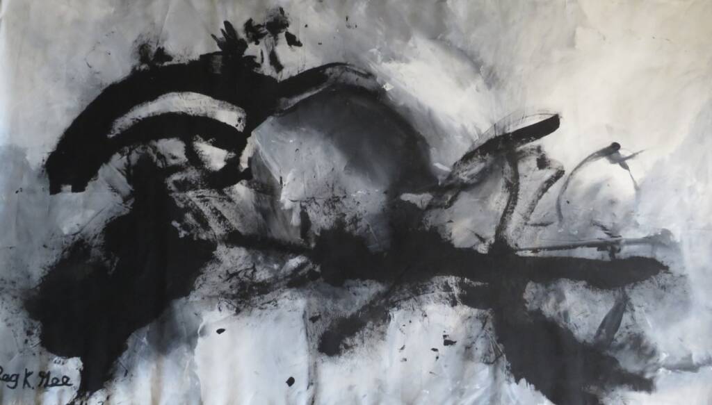 Bold black strokes sweep across a smoky gray ground, forming dramatic arcs and expressive painterly gestures.