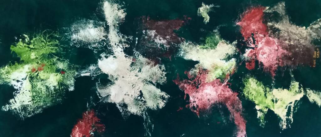 Explosive white, green, and crimson forms emerge across a deep black field, creating energetic clusters of texture and motion. The layered pigments embody the spontaneous gestures characteristic of Reginald Gee contemporary abstraction.