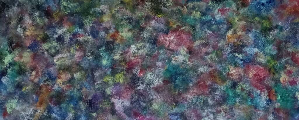 Soft clusters of teal, violet, crimson, and pale gray pigments bloom across the canvas like drifting color clouds. The dense painterly layering captures the atmospheric rhythm of Reginald Gee contemporary abstraction.
