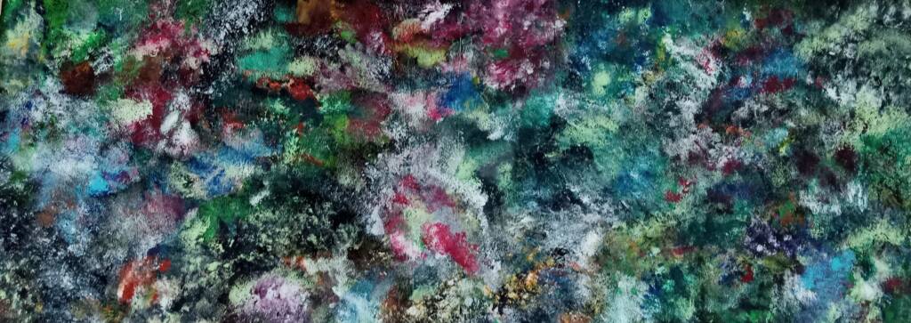 Dense layers of green, pink, turquoise, and white pigments create a lively surface of organic bursts and painterly textures.