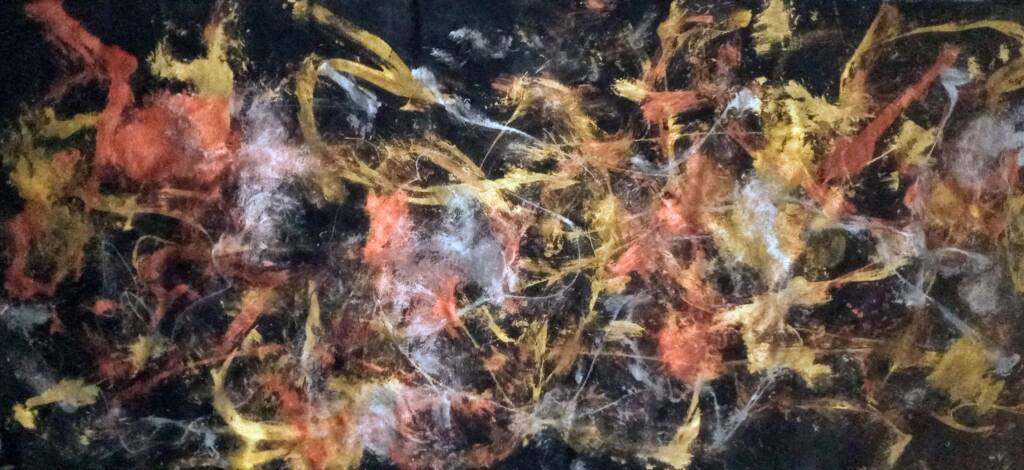 Bold splashes of gold, rust, and white streak across a dark ground, forming rhythmic lines and organic bursts.